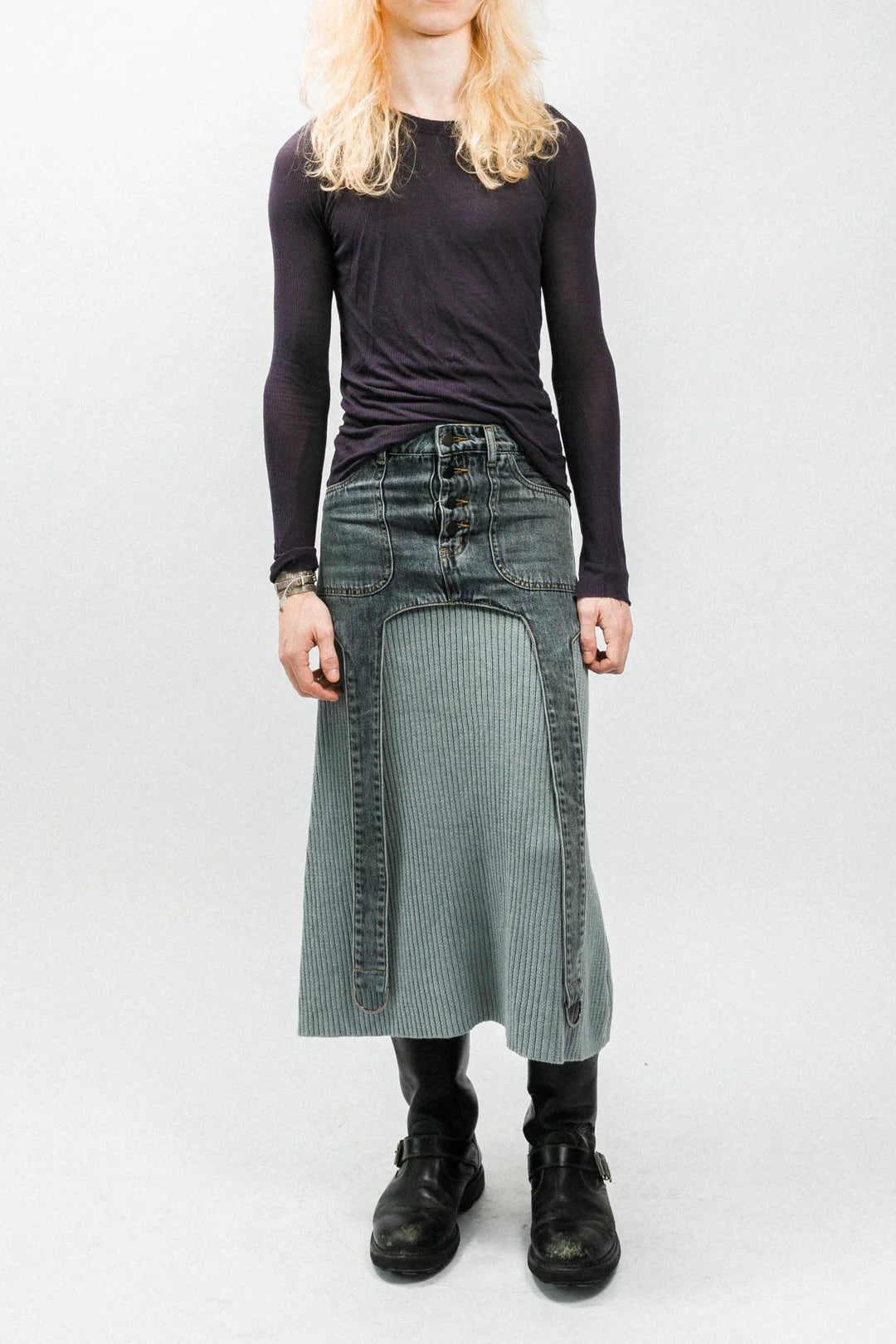 Hybrid Ribbed Distressed Denim Skirt