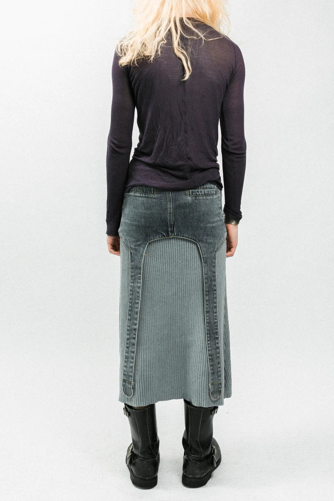Hybrid Ribbed Distressed Denim Skirt
