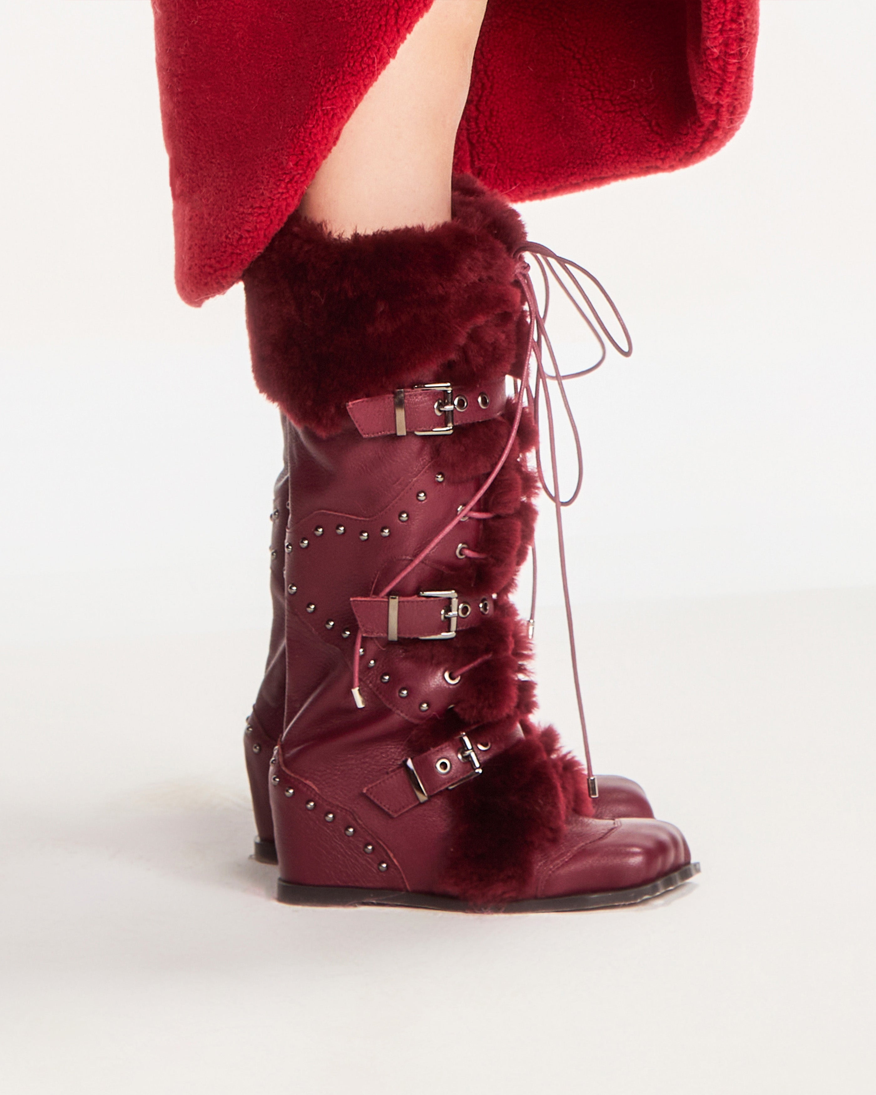 Red Shearling Lace Up Hidden Heels Calf Boots