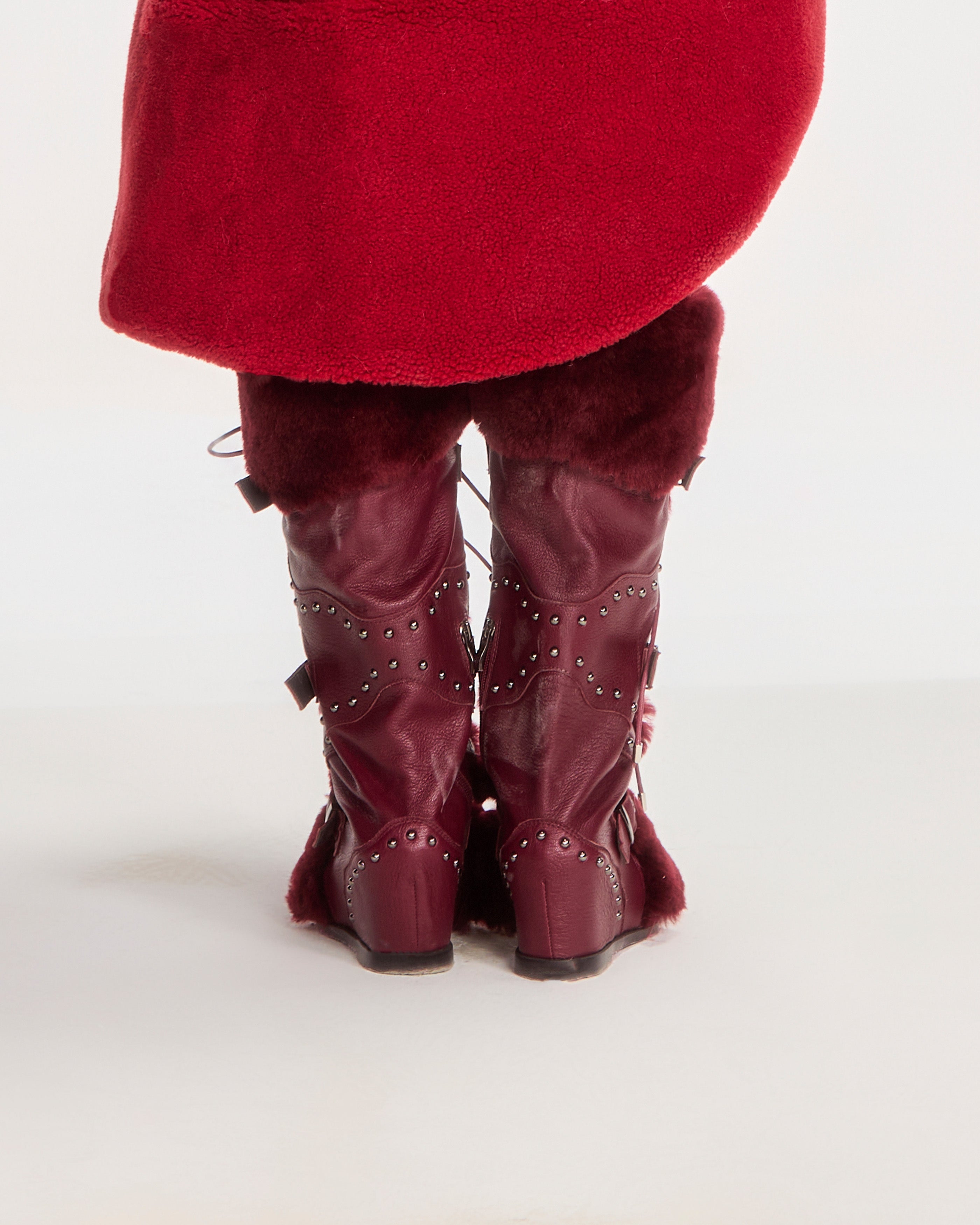 Red Shearling Lace Up Hidden Heels Calf Boots