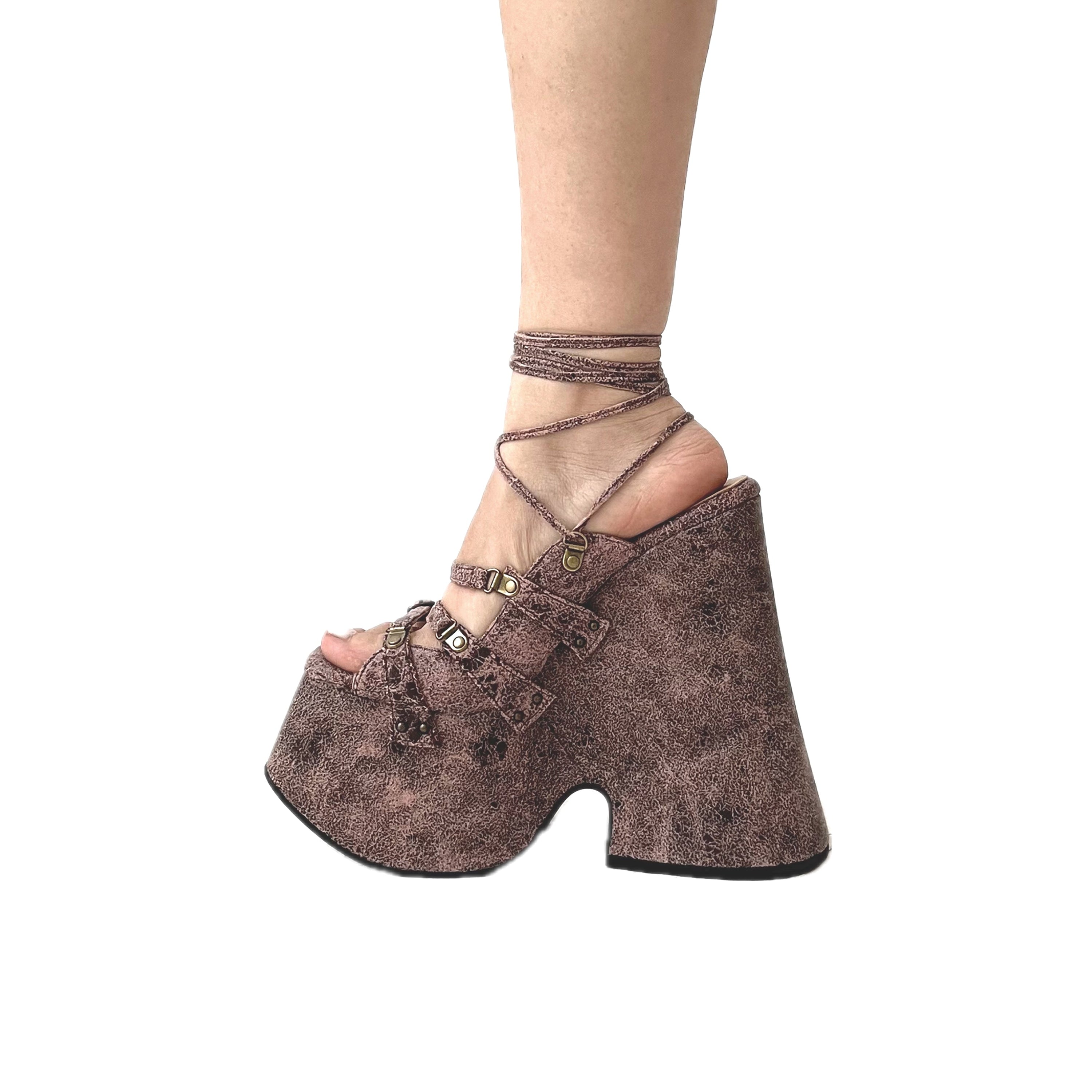 Distress Pink Lace Up Platform Sandals