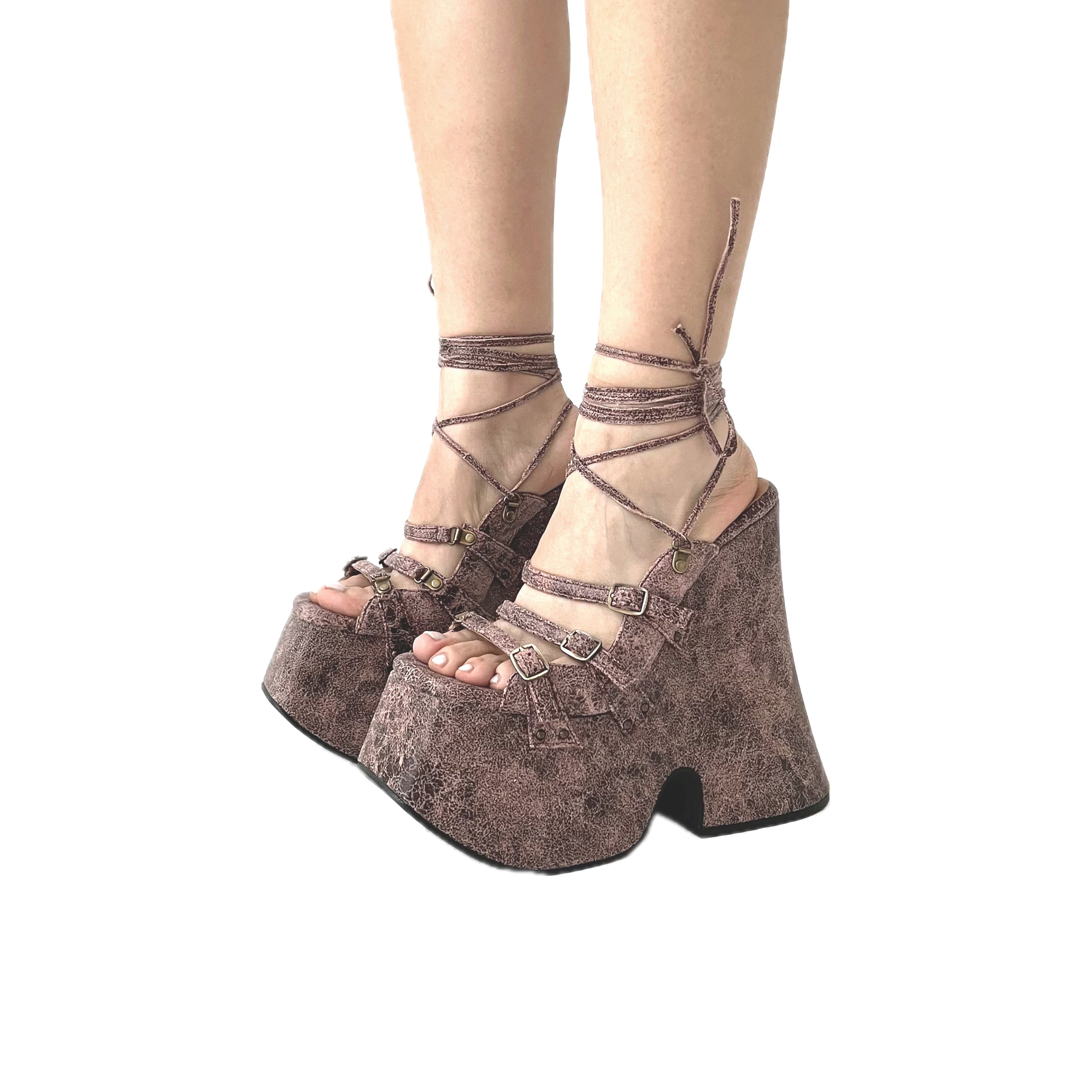 Distress Pink Lace Up Platform Sandals