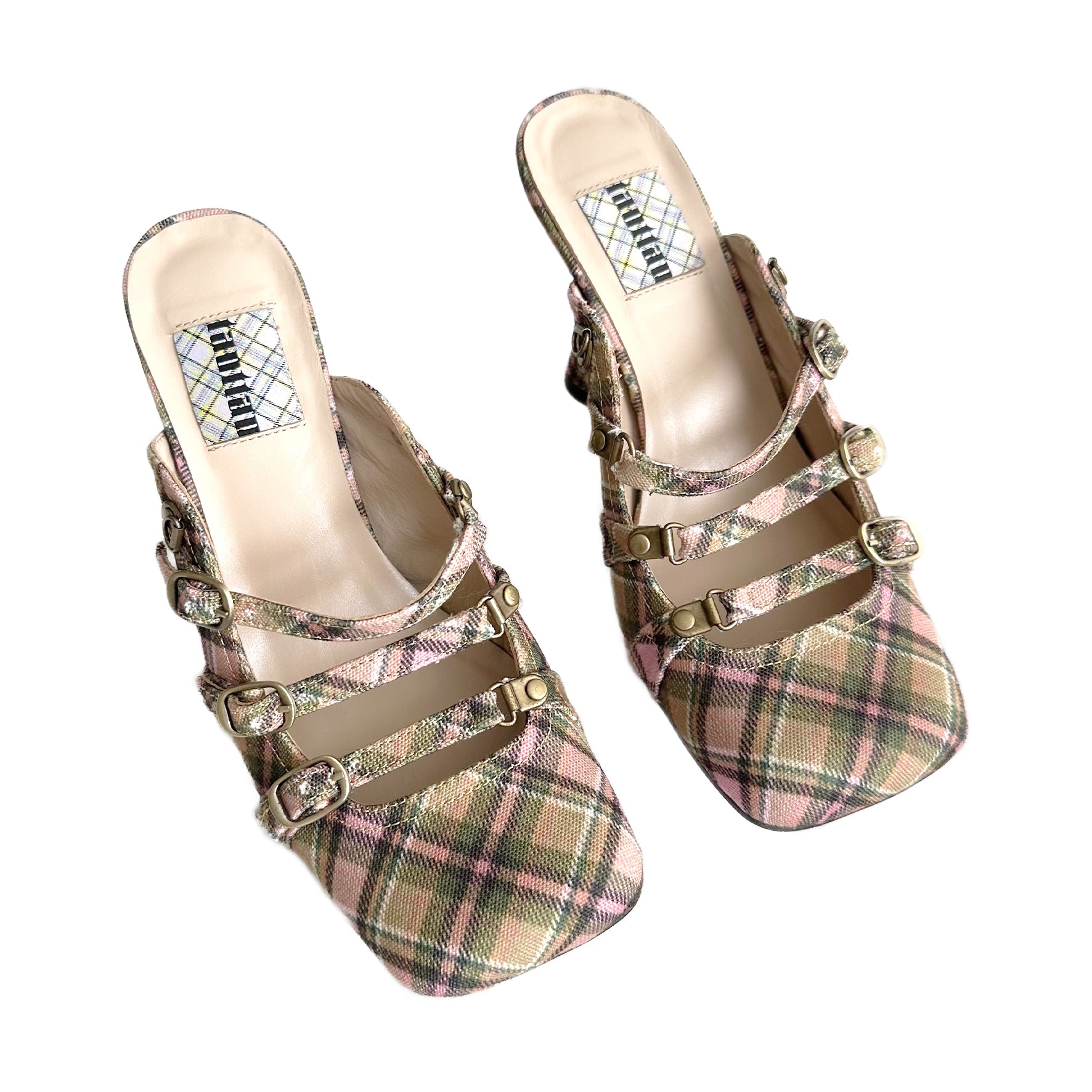 Smooky Plaid Lace Up Square Toe Mules
