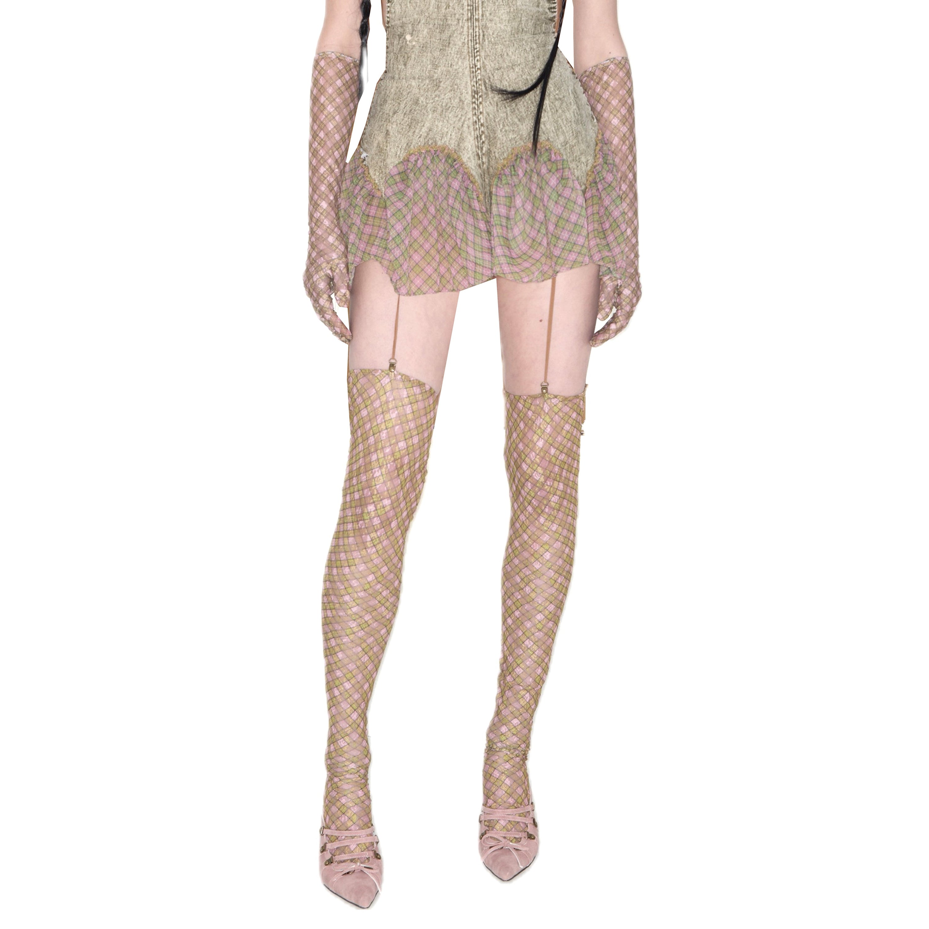Plaid Lace Thigh Stockings garter belt set Fenlü