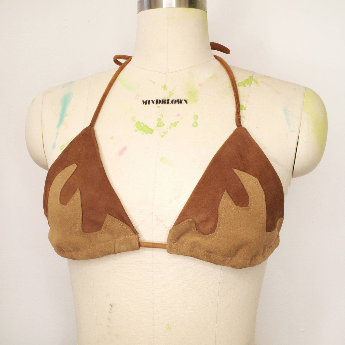 Leather Flame Bra Top in Dark Tan Suede