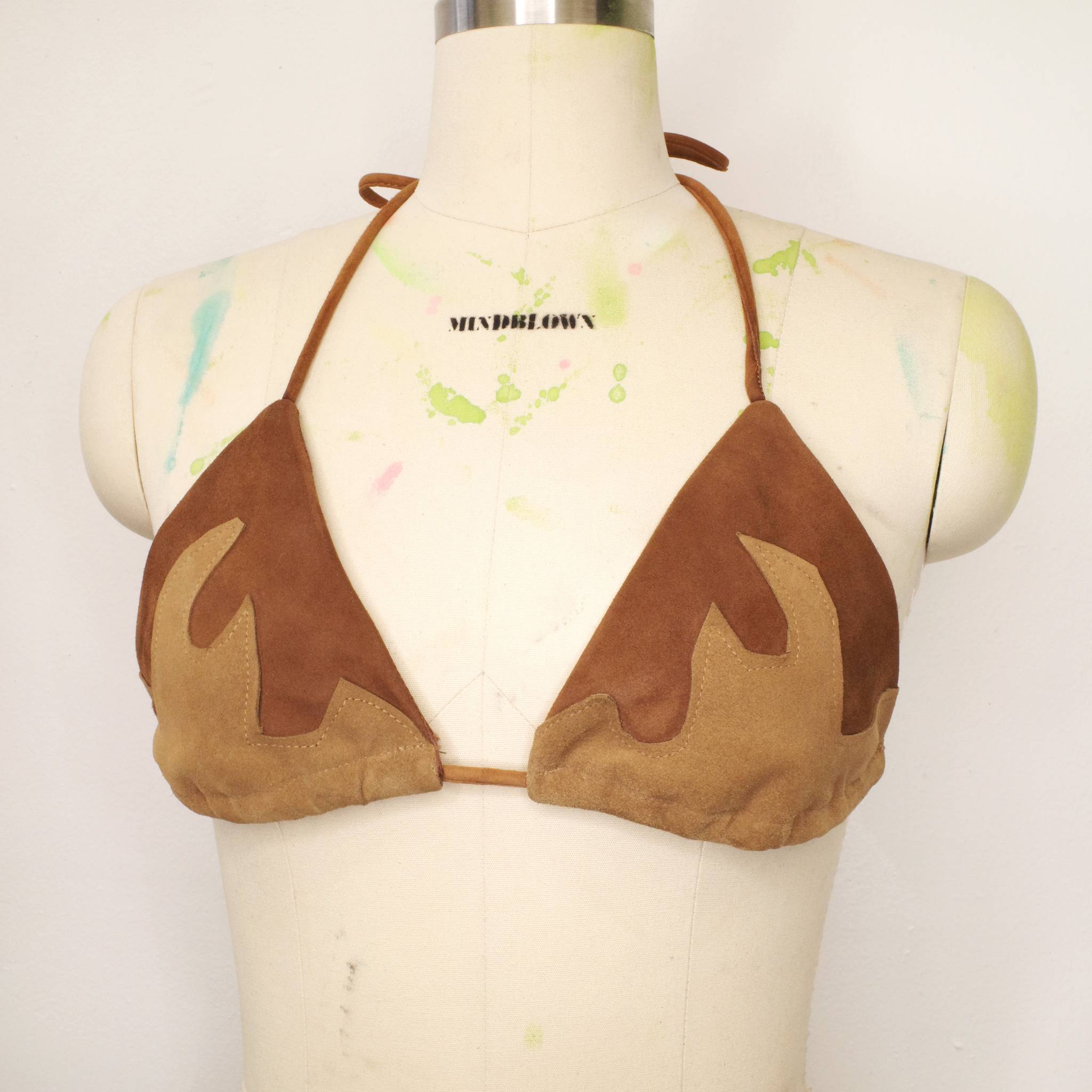 Leather Flame Bra Top in Brown Leather and Suede