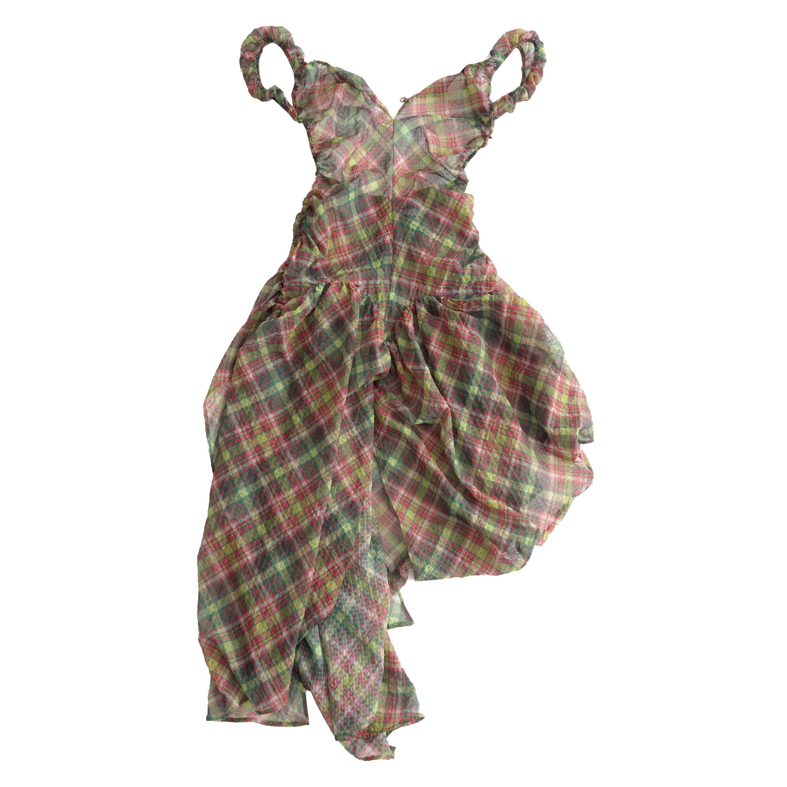 Plaid Puff Chiffon Asymmetrical Dress Pink Tartan