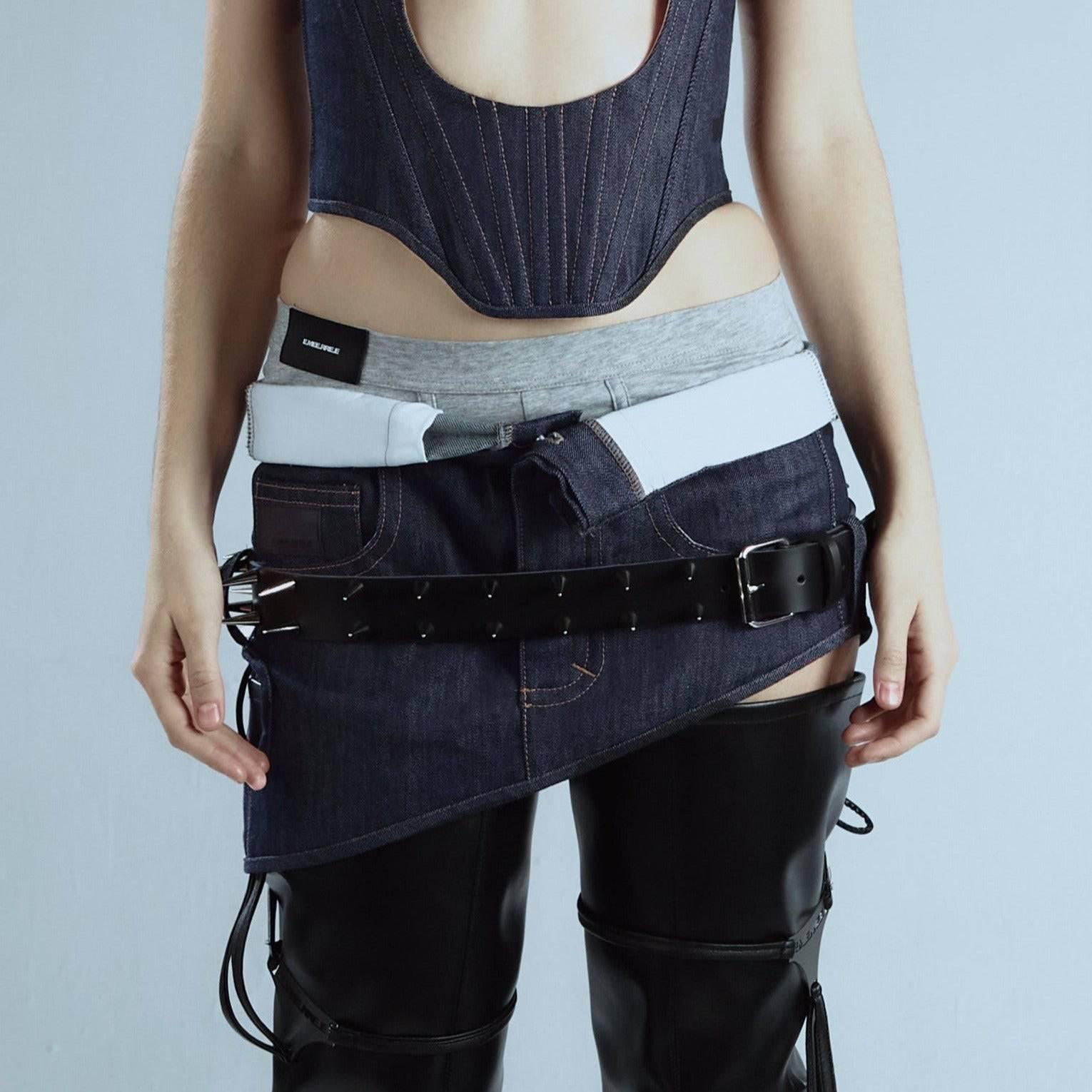 롤드 웨이스트밴드 데님 스커트