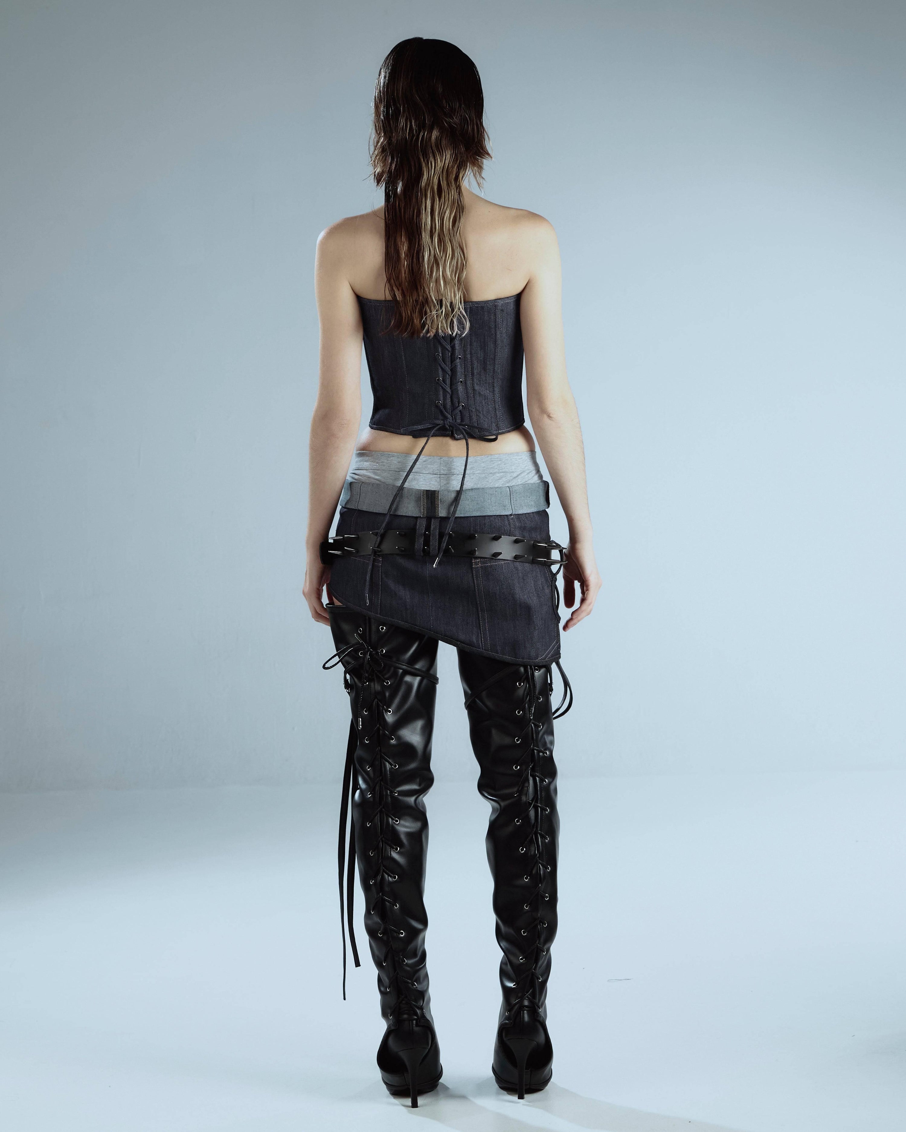 롤드 웨이스트밴드 데님 스커트