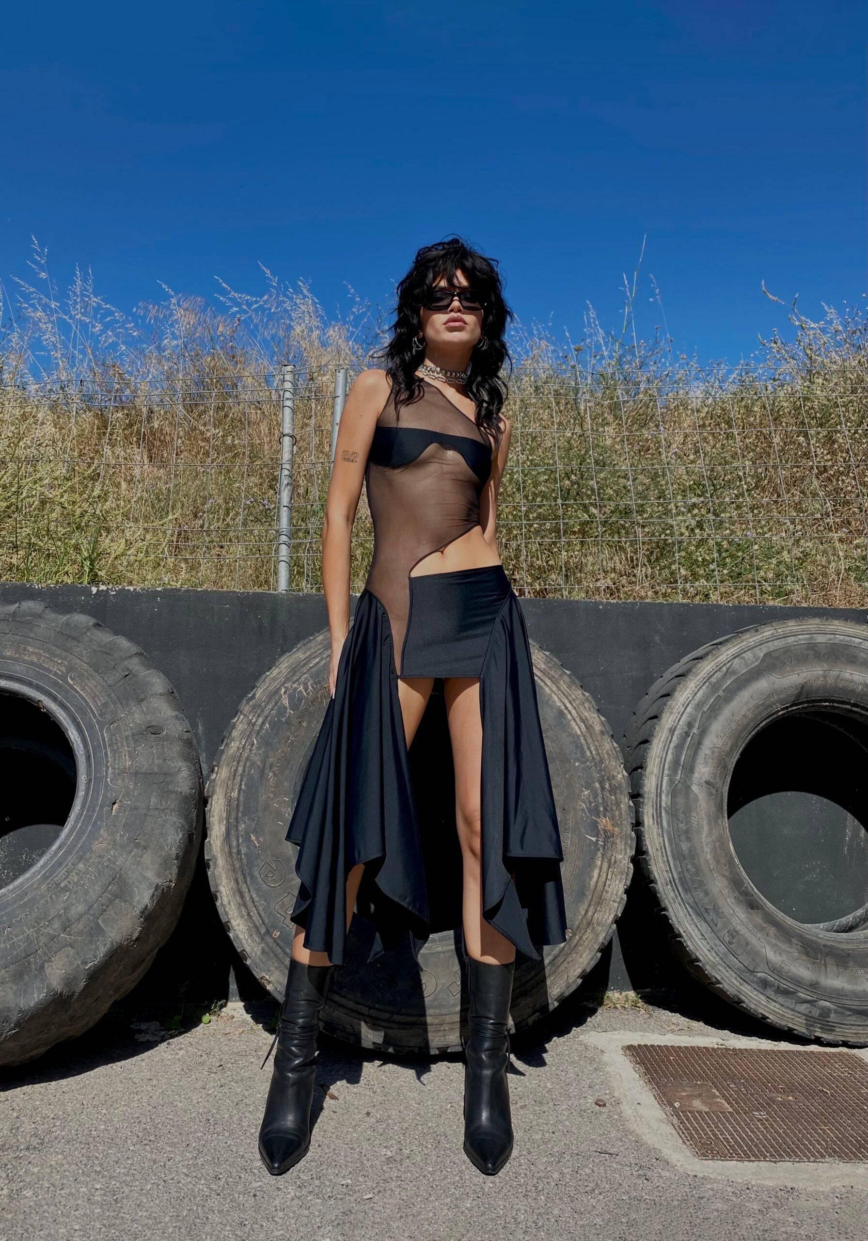black cut out mesh dress Vashti Cut Out Mesh Maxi Dress - Black