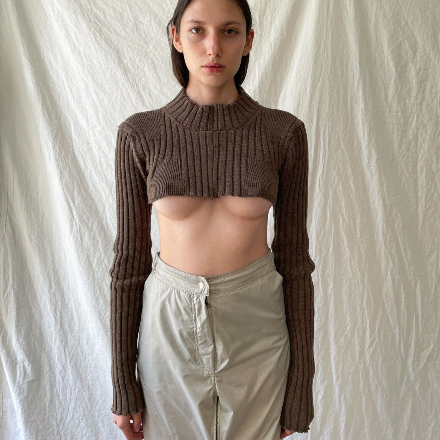 Brown Rib-Knit Cropped Sweater with Two Collars
