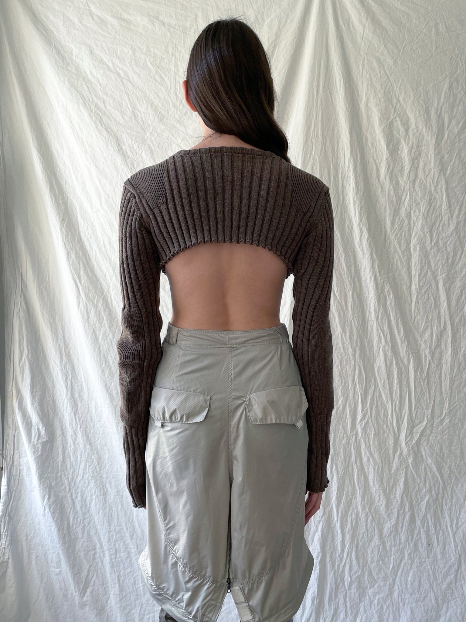 Brown Rib-Knit Cropped Sweater with Two Collars