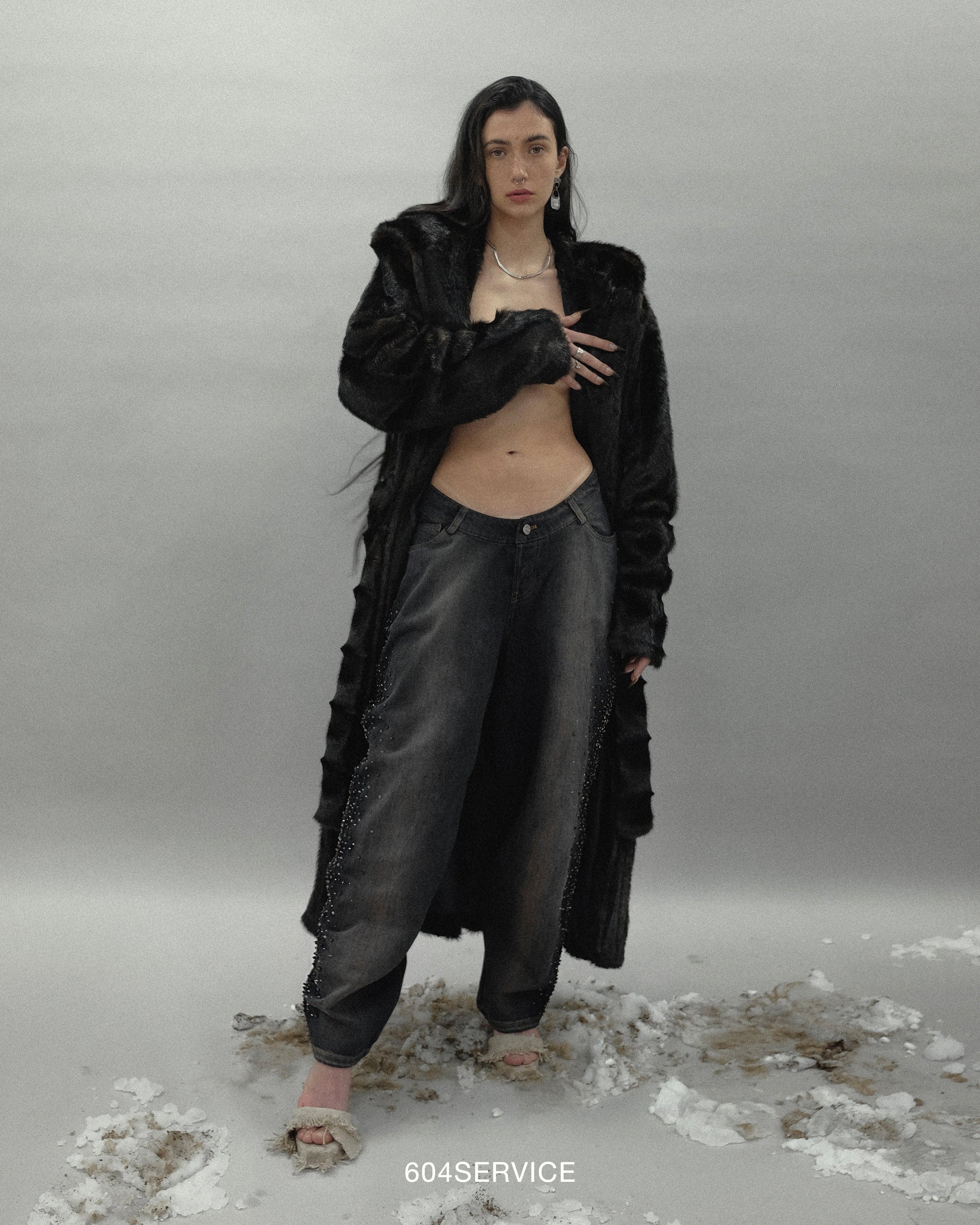 스트라이프 인조 모피 로브 코트